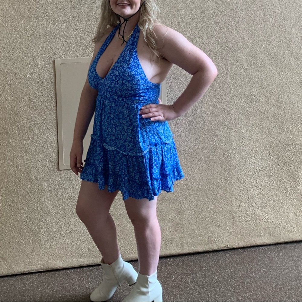 Blue Floral Halter Mini Dress